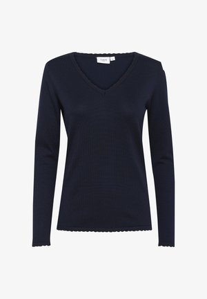 Jūras zils garām piedurknēm kreklis ar rievotu tekstūru, V formas kakla izgriezumu un viļņotiem malu apdari. Izgatavots no mīksta, elastīga materiāla.