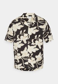 Camisa de manga corta negra con un patrón floral crema, de corte relajado y con cuello muesca. Fabricada con un tejido ligero.