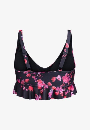 Blommig bralette med svart bakgrund, prydd med rosa och lila blommor, volangt kanter, justerbara band och en mjuk textur.