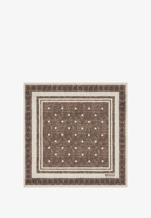 Sciarpa marrone a motivo con pois bianchi, bordata da due linee; tessuto texture con una sottile trama; marchio "BOGGI" nell'angolo.