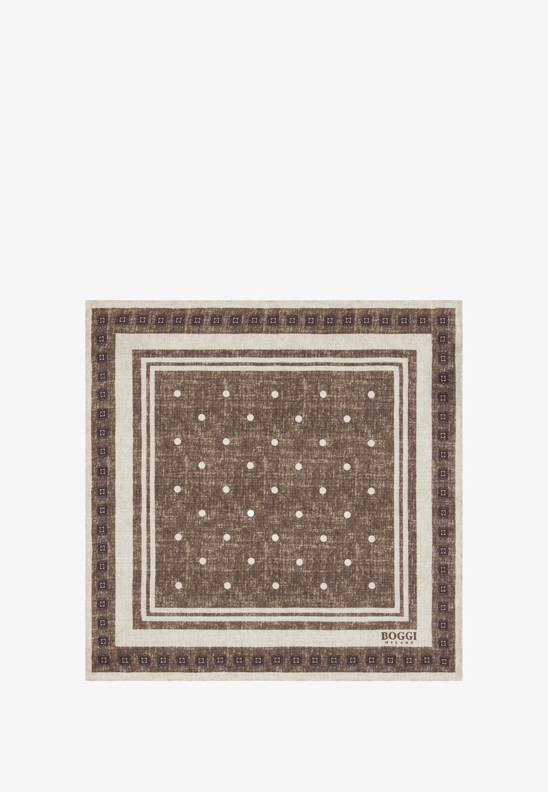Brown patterned scarf featuring white polka dots, bordered by two lines; textured fabric with a subtle weave; brand "BOGGI" in the corner.