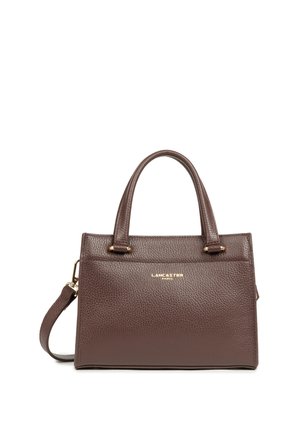 Brown textured leather handbag with two handles, a detachable shoulder strap, and gold "Lancaster Paris" logo on front.
