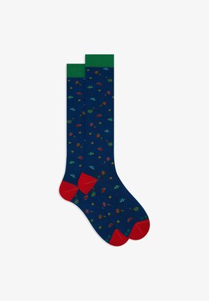 Navy socks with red toes feature a repeating pattern of colorful fish and fish-related icons. Green ribbed cuffs complete the design.