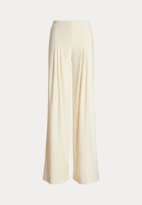 Kermakappiset leveälahkeiset housut, joissa on poimutuksia etuvyötäröllä, sileä vyötärö ja täysimittainen, laskeutuva kangas.