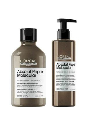 Zwei Flaschen der L'Oréal Professionnel Absolut Repair Molecular Haarpflege, eine Shampoo mit einem Klappdeckel und ein ausspülbares Serum mit einer Pumpvorrichtung.