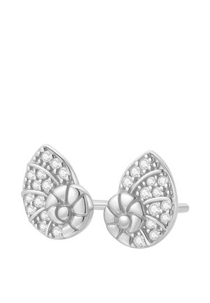 Silver earrings featuring a spiral shell design with clear crystals set in a textured pattern, showcasing a polished finish and intricate details.