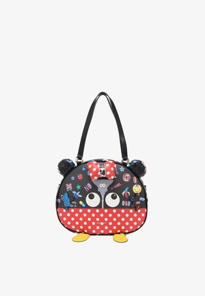 Borsa nera con occhi da cartone animato, fiocco rosso a pois e fondo, orecchie da topo, toppe e dettagli gialli a forma di piedini.