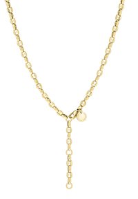 Guldkæde med oval links og en lariat-design, med en hængende accent og et rundt mærke tag på siden.