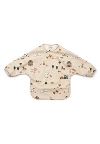 Beige children's smock featuring farm animal prints in green, brown, and white. Long sleeves with elastic cuffs and a bottom pocket. Waterproof material.