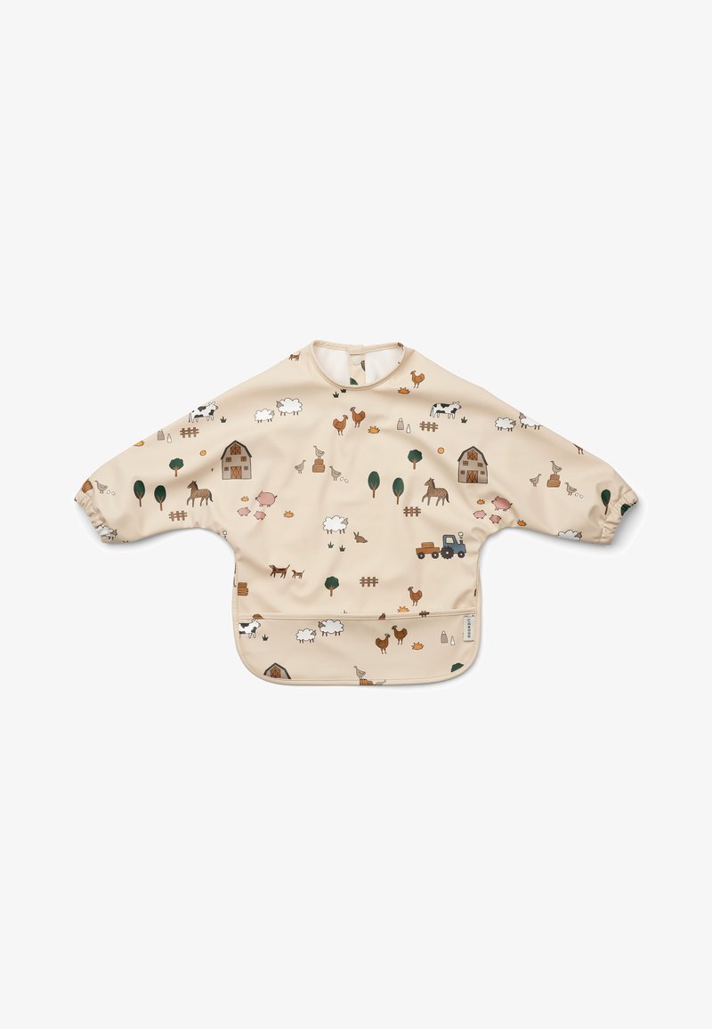 Bēša bērnu aizsargapģērbs ar fermas dzīvnieku rakstiem zaļā, brūnā un baltā krāsā. Garas piedurknes ar elastīgiem aprocēm un apakšējā kabata. Necaurdejošs materiāls.