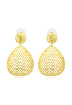 Boucles d'oreilles en métal doré avec un design géométrique creux, une partie supérieure sphérique et une forme de goutte triangulaire.