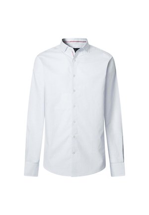 Biała koszula z długim rękawem i guzikami, z subtelnym wzorem kratki, kontrastowym wykończeniem kołnierzyka i jasnymi guzikami, wykonana z gładkiego materiału.