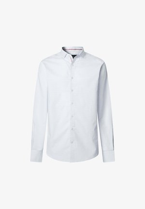 Biała koszula z długim rękawem i guzikami, z subtelnym wzorem kratki, kontrastowym wykończeniem kołnierzyka i jasnymi guzikami, wykonana z gładkiego materiału.