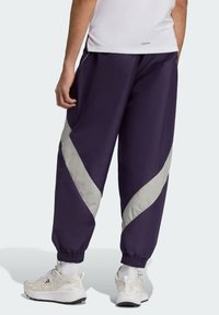 Fialové tepláky s šedými diagonálnymi panelmi, elastickými manžetami a pásom na šnurovanie, v kombinácii s bielymi teniskami. Tkanina vyzerá lesklo.