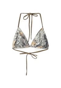 Haut de bikini triangulaire avec un motif camouflage dans des tons terreux, avec des liens réglables au cou et au dos, et un tissu froncé à la base.