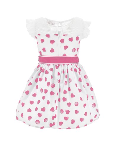 Vestido blanco con patrones de corazones rosas, mangas con volantes de malla, cierre de cremallera en la parte posterior y cinturón ancho rosa en la cintura. Diseño de falda acampanada.