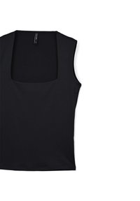 Top nero senza maniche con scollo quadrato, texture liscia e silhouette aderente. Il materiale sembra elastico e leggero.