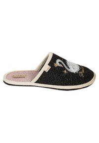 Black felt slipper with a white swan embroidery, gold accents, and a cream-colored edge. Soft inner lining for comfort.