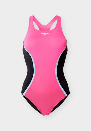 Ροζ και μαύρο ολόσωμο μαγιό με μπλε ρίγες στο πλάι και ράντες τύπου racerback, λογότυπο Speedo στο στήθος, σχεδιασμένο για κολύμβηση.