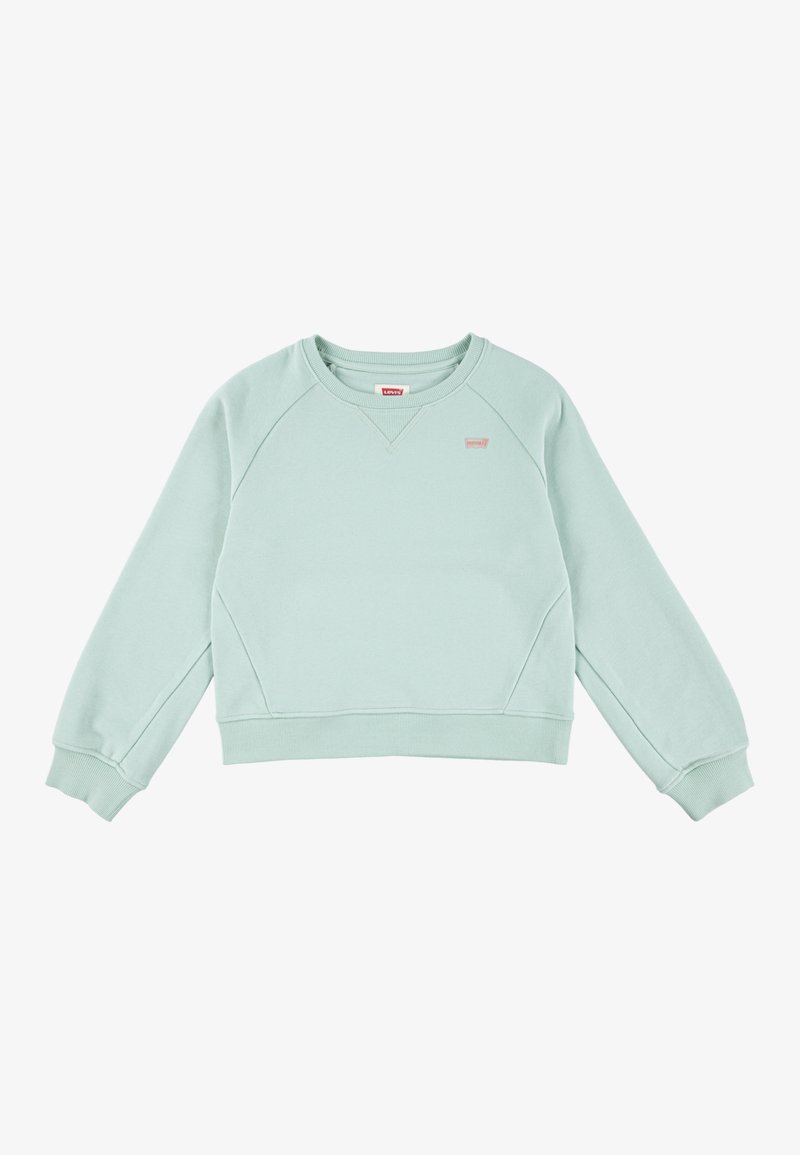 Sudadera recortada de color verde claro con cuello en V, puños y dobladillo acanalados. Presenta un pequeño logo de la marca en el pecho. Textura de tela suave.