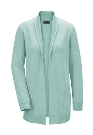 Hellgrüner Cardigan aus weichem Strickmaterial. Verfügt über einen Schalkragen, eine offene Vorderseite und zwei aufgesetzte Taschen mit gerippten Bündchen.