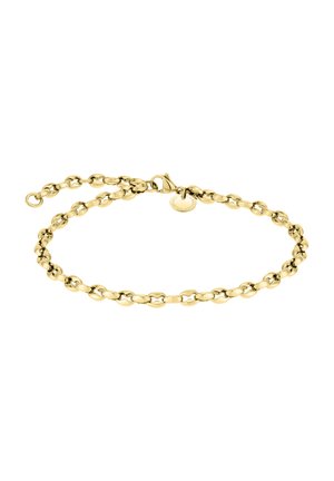 Bracelet en chaîne en or avec des maillons ovales, texture lisse et fermoir en bois de homard. Comprend une petite étiquette avec la gravure de la marque.