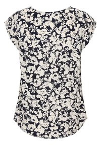 Blusa floreale in blu navy scuro con motivo floreale crema. Maniche corte, scollatura a girocollo, orlo curvo e tessuto leggero.