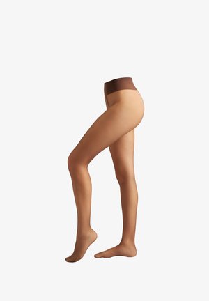 Pantys semitransparentes marrones con una cinturilla gruesa marrón. Presentan una textura suave y un diseño ajustado que se extiende desde la cintura hasta el dedo del pie.