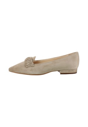 Beige suede flat shoe with pointed toe and low heel, featuring a ruched decorative detail on the front.