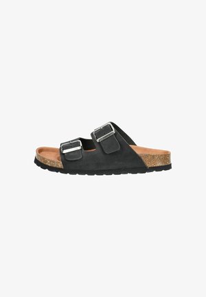 Sandales en suede noir avec deux boucles ajustables, semelle en liège et semelle en caoutchouc texturé, présentant un design minimaliste et un style ouvert.