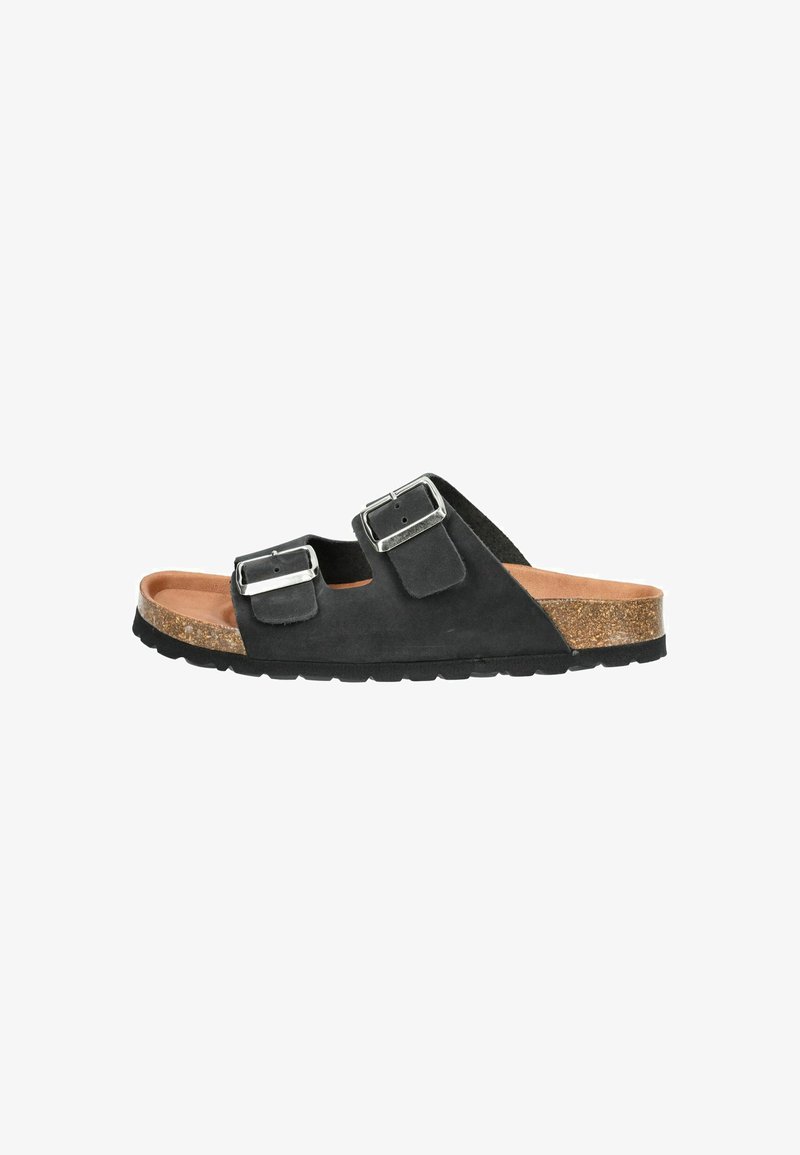 Sandales en suede noir avec deux boucles ajustables, semelle en liège et semelle en caoutchouc texturé, présentant un design minimaliste et un style ouvert.