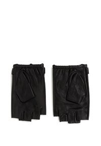 Melna ādas cimdu bez pirkstiem ar gludu tekstūru, ciešu piegriezumu ar elastīgām aprocēm un izgriezumiem pie pirkstiem.