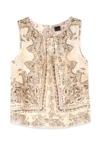 Blusa sin mangas color crema con estampados marrones de cachemira y flores, escote redondo y pliegue sutil en el centro delantero.