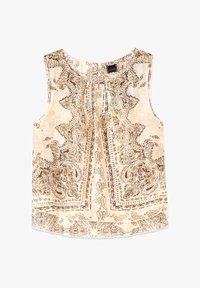 Blusa sin mangas color crema con estampados marrones de cachemira y flores, escote redondo y pliegue sutil en el centro delantero.