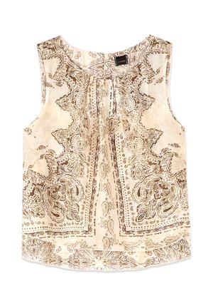 Ærmeløs cremefarvet bluse med brune paisley- og blomstermønstre, rund halsudskæring og diskret plissering midt foran.