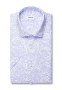 Chemise à manches longues à motifs floraux bleu clair et blancs, pliée avec les boutons visibles et un col classique.