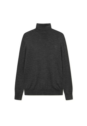 Pull col roulé gris foncé en tricot doux, avec une coupe ajustée et des poignets et un ourlet côtelés. Détail de logo subtil sur la poitrine.