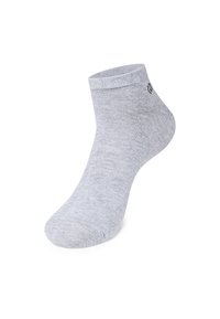 Grauer Knöchelsocken aus weichem, geripptem Stoff. Verfügt über eine abgerundete Zehenpartie und einen elastischen Bund für einen sicheren Sitz. Keine sichtbaren Muster oder Akzente.