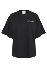 Svart oversized t-shirt i mjuk bomull, med korta ärmar och en enkel vit tryckt logotyp på framsidan.