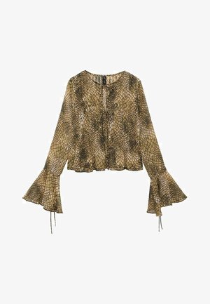 Bluză cu mâneci lungi, scurtă, în imprimeu de șarpe bej și maro. Dispune de manșete evazate și un sistem de închidere cu funda la gât. Material ușor, semi-transparent.