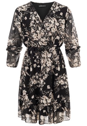 Sort omslagskjole med beige blomsterprint, lange gennemsigtige ærmer, elastisk talje og flæsekant.