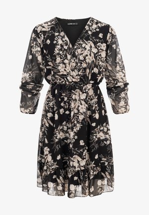 Sort omslagskjole med beige blomsterprint, lange gennemsigtige ærmer, elastisk talje og flæsekant.