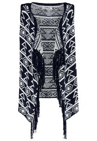 Marinblå och vit mönstrad öppen cardigan med geometriska mönster, fransig fåll och texturerad tyg. Inga stängningar; avslappnad passform.