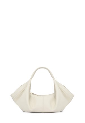 Pehme valge nahast käekott, millel on kõver ülemine käepide, laiad küljed ja keskel lukuga tasku.