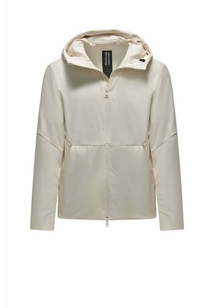 Hellbeige Kapuzenjacke mit Frontreißverschluss, langen Ärmeln und dezenten Nahtdetails über Brust und Armen.