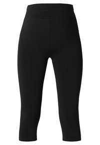Svarta capri leggings tillverkade av en slät, elastisk tyg. Har en elastisk midja och en figurnära design med längd till mitten av vaden.