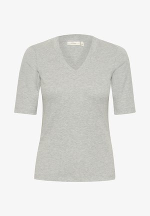 Pilkas trumpas rankovėmis V formos iškirptės marškinėliai, pagaminti iš ripsuotos medžiagos, turintys laisvą siluetą ir paprastą, švarią dizaino idėją be raštų ar akcentų.