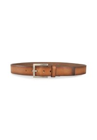 Brown leather belt with a rectangular silver metal buckle, featuring several adjustment holes and a smooth texture.