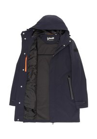 Chaqueta impermeable de color navy con capucha, frontal con cremallera y acento en cremallera naranja. Presenta un interior suave y ligero, además de bolsillos laterales.