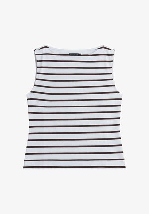 White sleeveless top with brown horizontal stripes and a round neckline, laid flat on a white background.